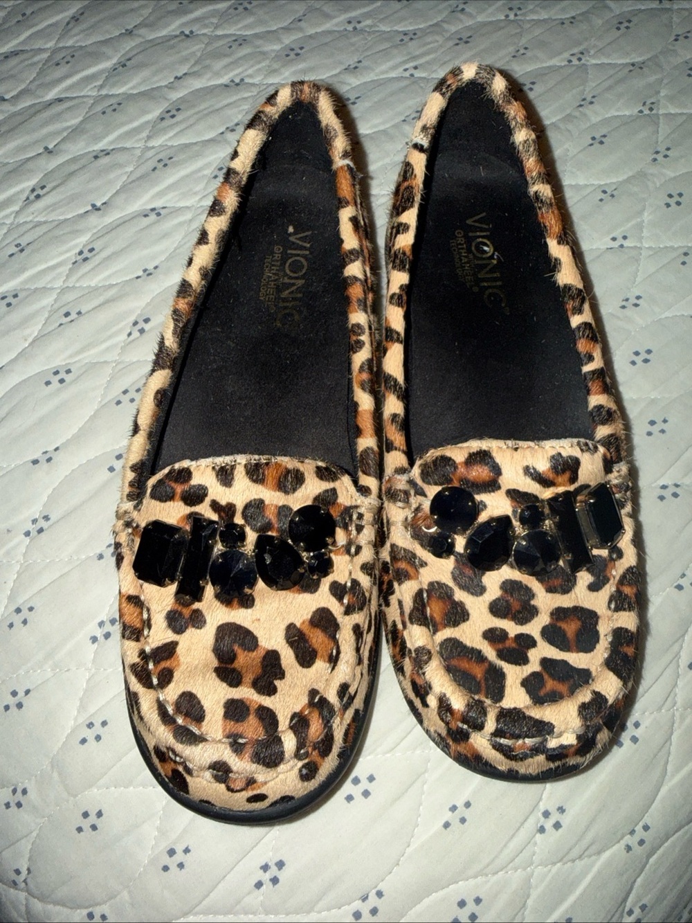Vionic Leopard Print Gem-Detail Women's Loafers in Brown and Black